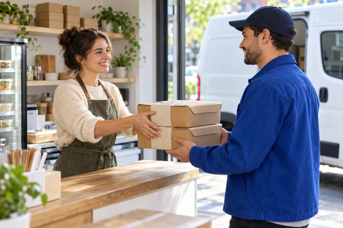 Illustrative courier collecting packaged orders from a small business