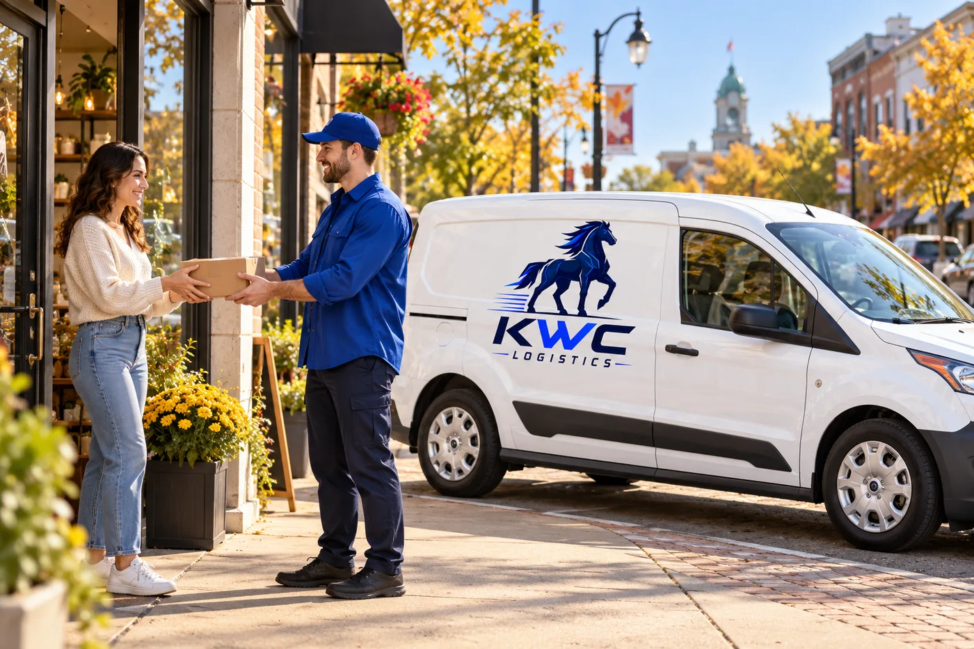 Illustrative KWC courier handing a parcel to a customer beside a branded cargo van