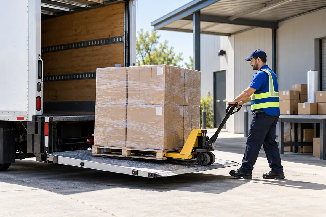 Illustrative pallet and tailgate delivery at a commercial receiving area
