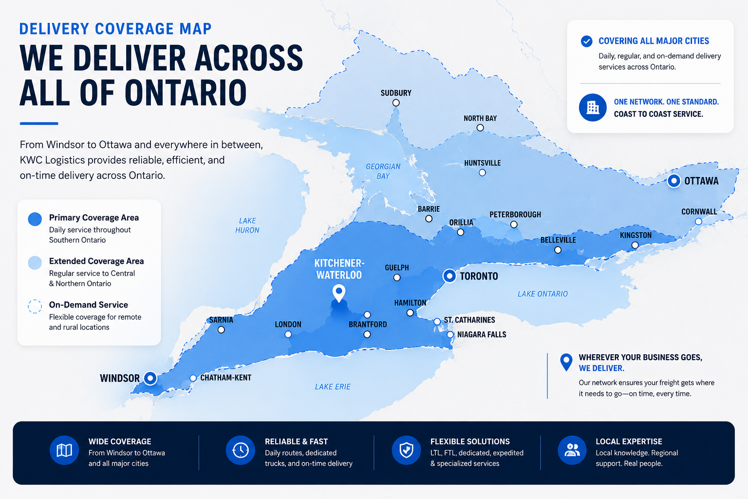 KWC Logistics delivery coverage map across Ontario